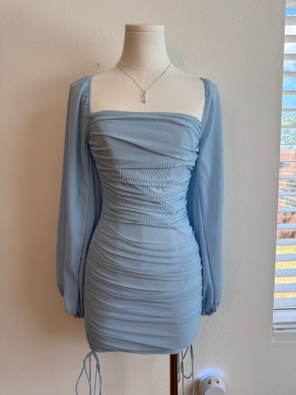 Hello Molly Baby Blue Ruched Mesh Mini Dress Puff Sleeve - Picture 4 of 10